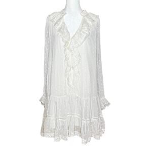 Anthropologie Ivory Swiss Dot Ruffle Boho Dress Small Long Sleeve Flowy